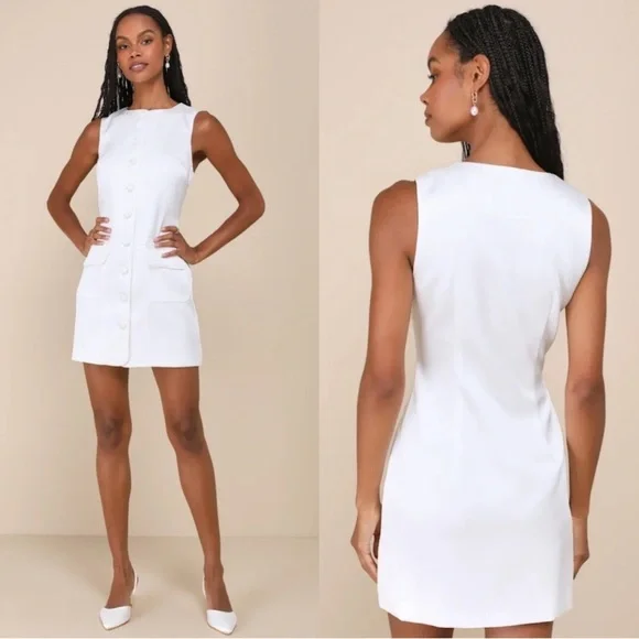 Lulu's Chic White Sophisticated Satin Button-Up Mini Dress - Picture 2 of 4